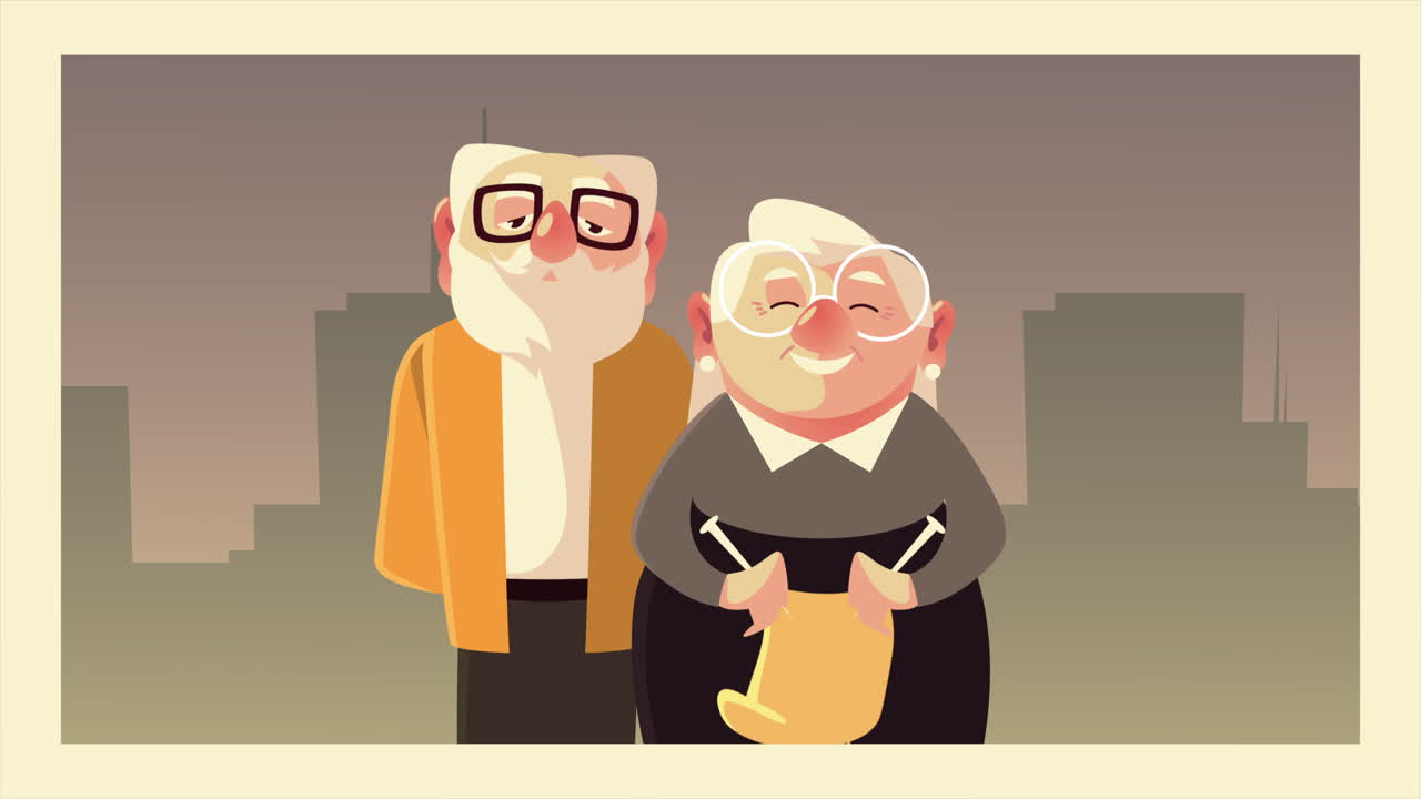 도시 위에 서 있는 할아버지와 할머니 부부