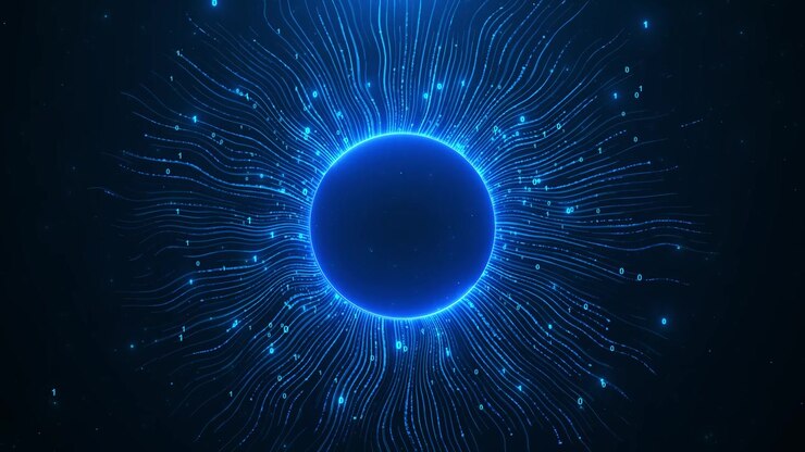 Sfondo dati con sfera binaria blu, nucleo circolare luminoso, linee di codice fluide, spazio digitale scuro AI.