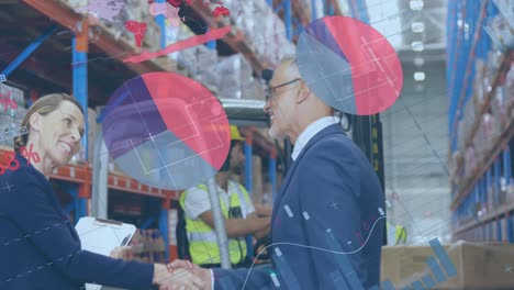 animation of data processing over businessman and businesswoman in warehouse shipping centre