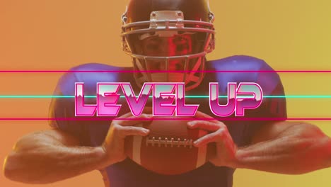 animation of level up text and neon shapes over american football player on neon background