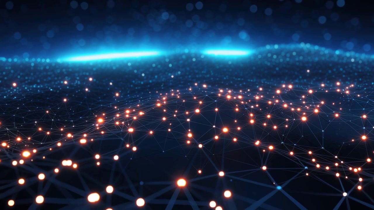 Dynamic Plexus Network with Blue and Orange Glowing Data Points