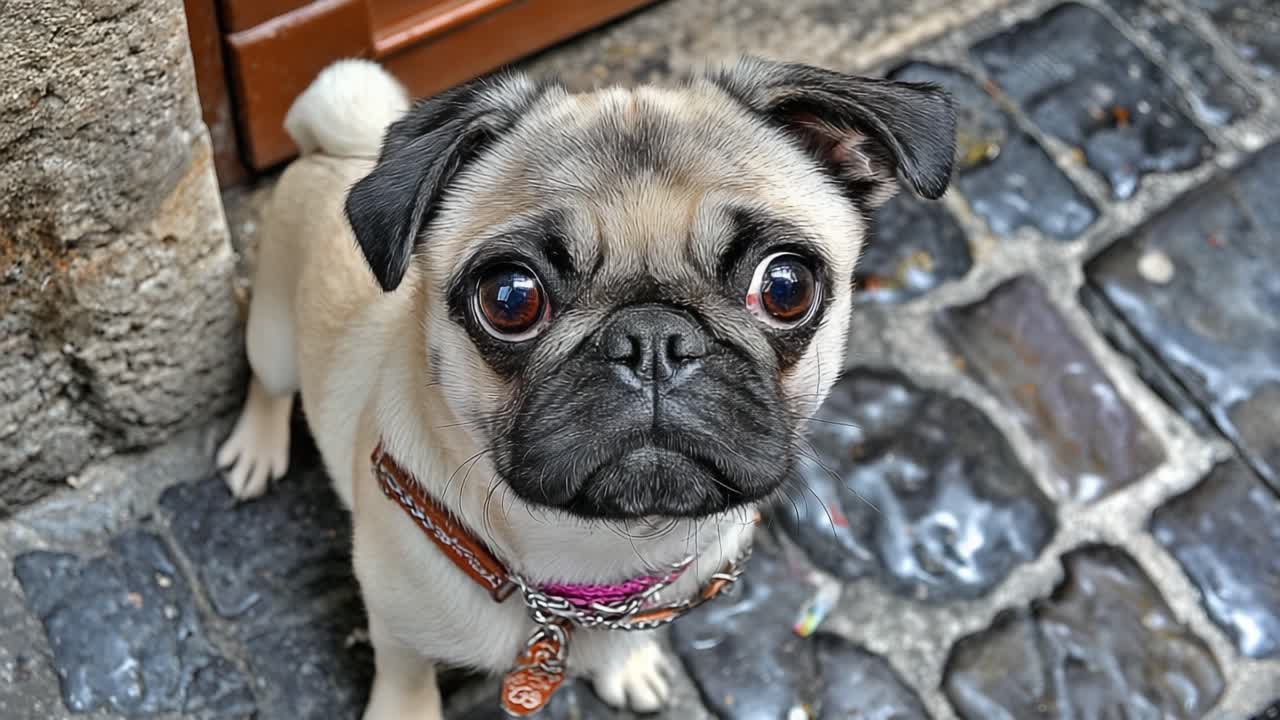 表情豊かな目の愛らしいパグが石畳の通りでポーズ：遊び心あふれる子犬の魅惑的なポートレート