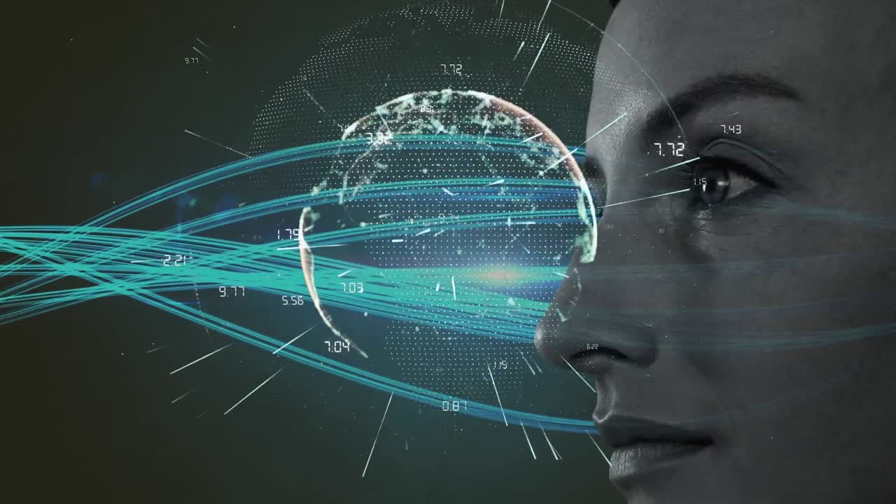 Animation of globe with network of connections over woman's face