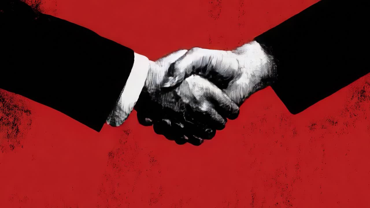 A Dynamic Representation of Unity and Cooperation: The Symbolic Gesture of a Handshake Against a Striking Red Background, Signifying Trust, Partnership, and Mutual Agreement