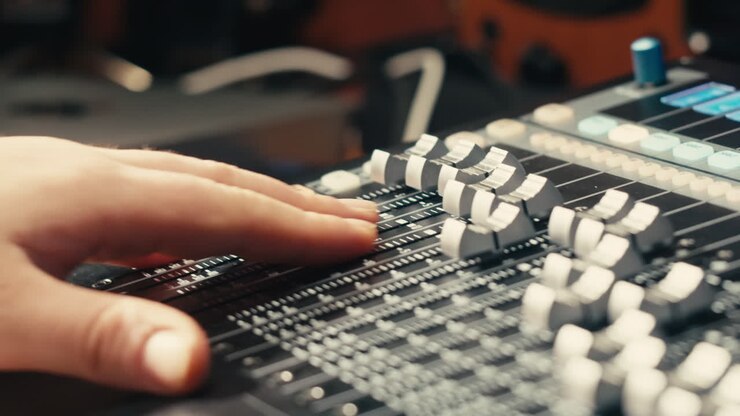 Sound engineer in studio making music, asian popular DJ working in radio broadcasting studio or music producer working in recording studio, rehearsal room, audio production.