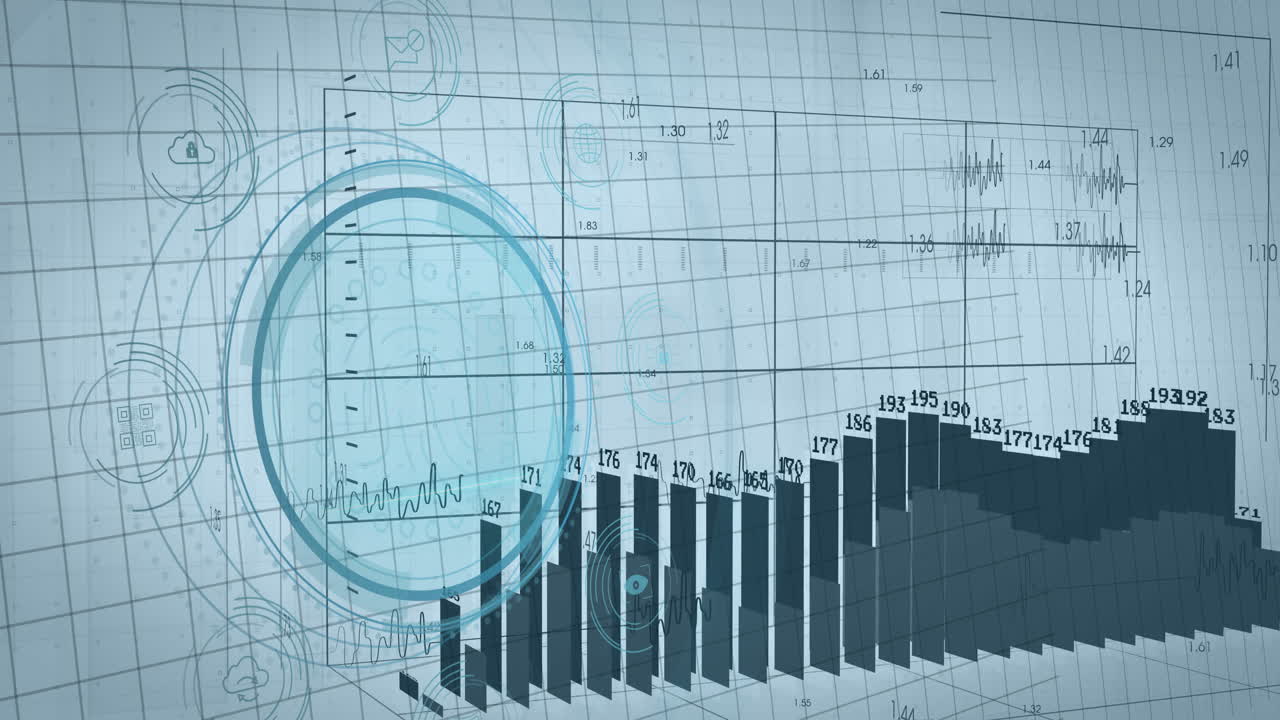 3D bar chart columns rising and falling on futuristic digital interface, with HUD icons