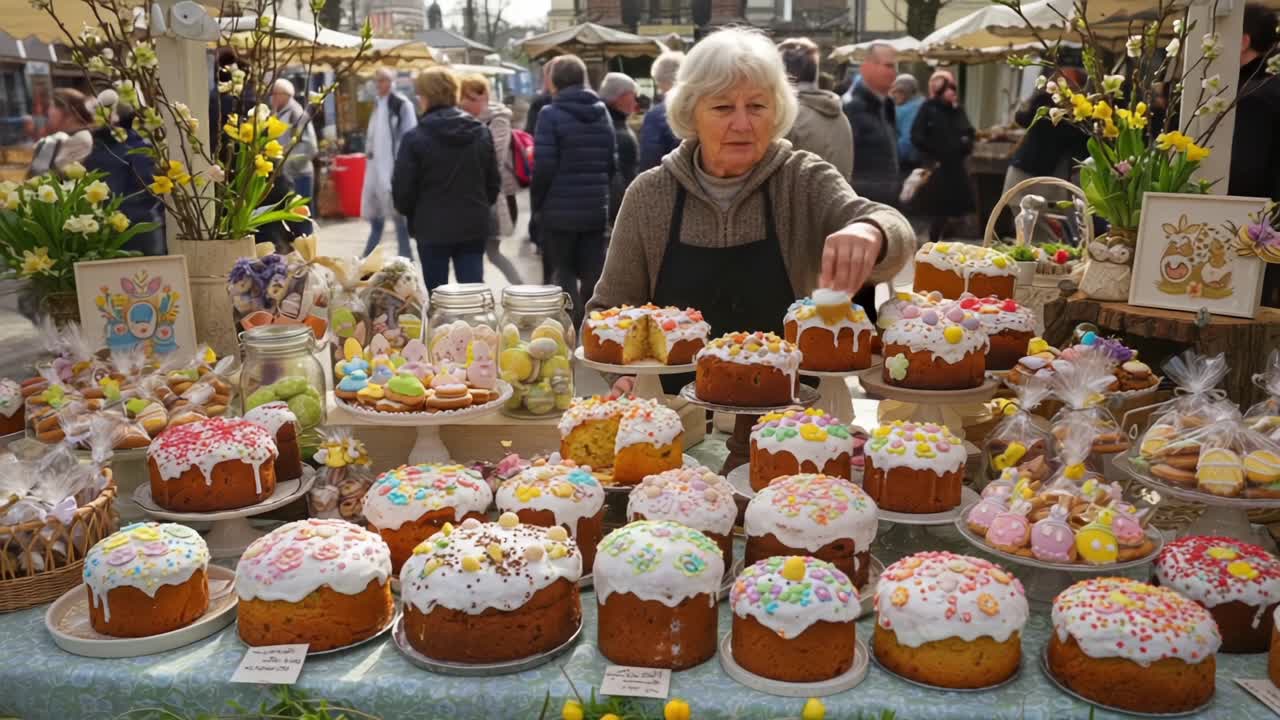 A Delightful Display of Homemade Easter Treats: A Cherished Baker Showcases Her Colorful Cakes at a Vibrant Marketplace, Bringing Joy to Passersby and Celebrating Festivities