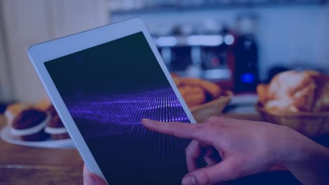 composition of hand of caucasian man touching screen of tablet