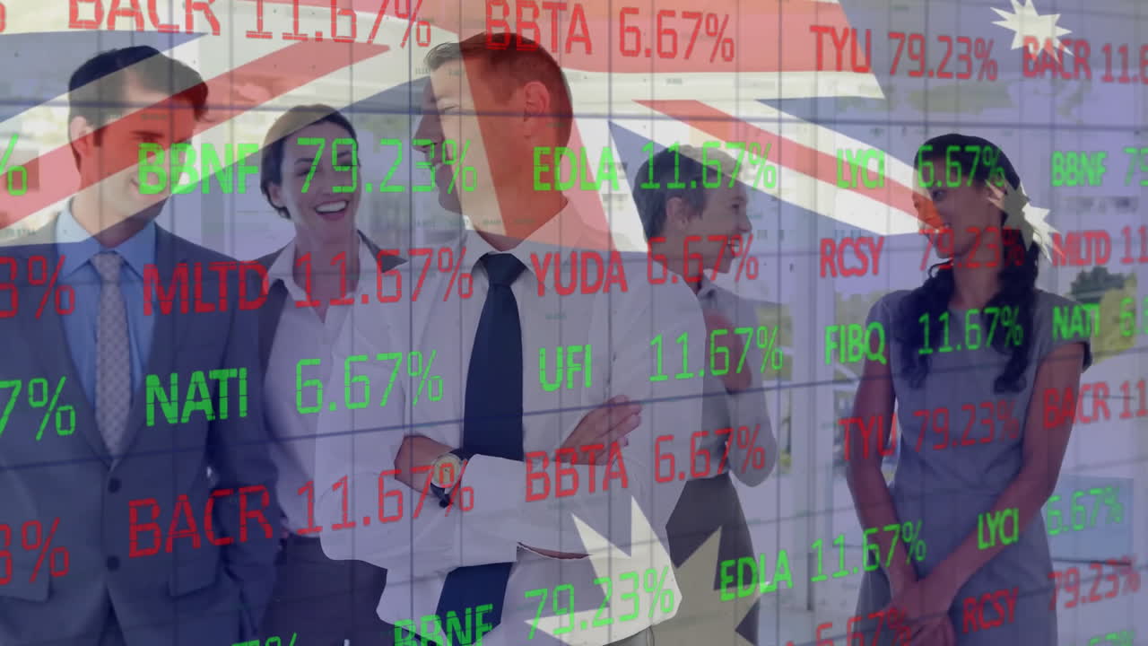 다양한 비즈니스 사람들 및 오스트레일리아의 발에 대한 금융 데이터 처리의 애니메이션