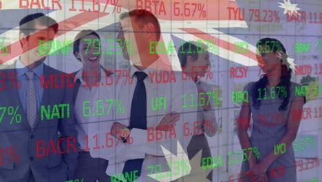 animation of financial data processing over diverse business people and flag of australia