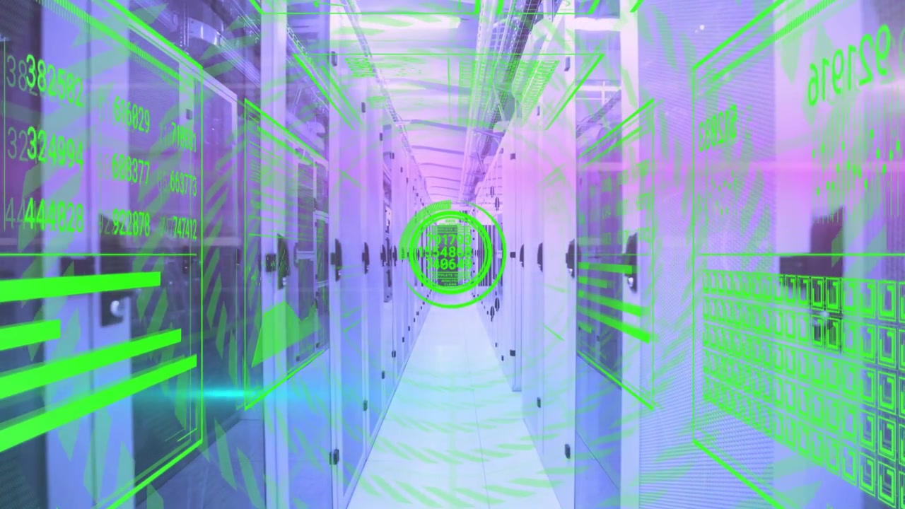 HUD overlay engaging server aisle, reticle pulsing pink scan sweeping then calming for diagnostics