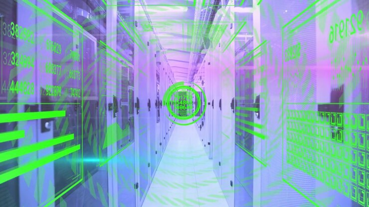 HUD overlay engaging server aisle, reticle pulsing pink scan sweeping then calming for diagnostics