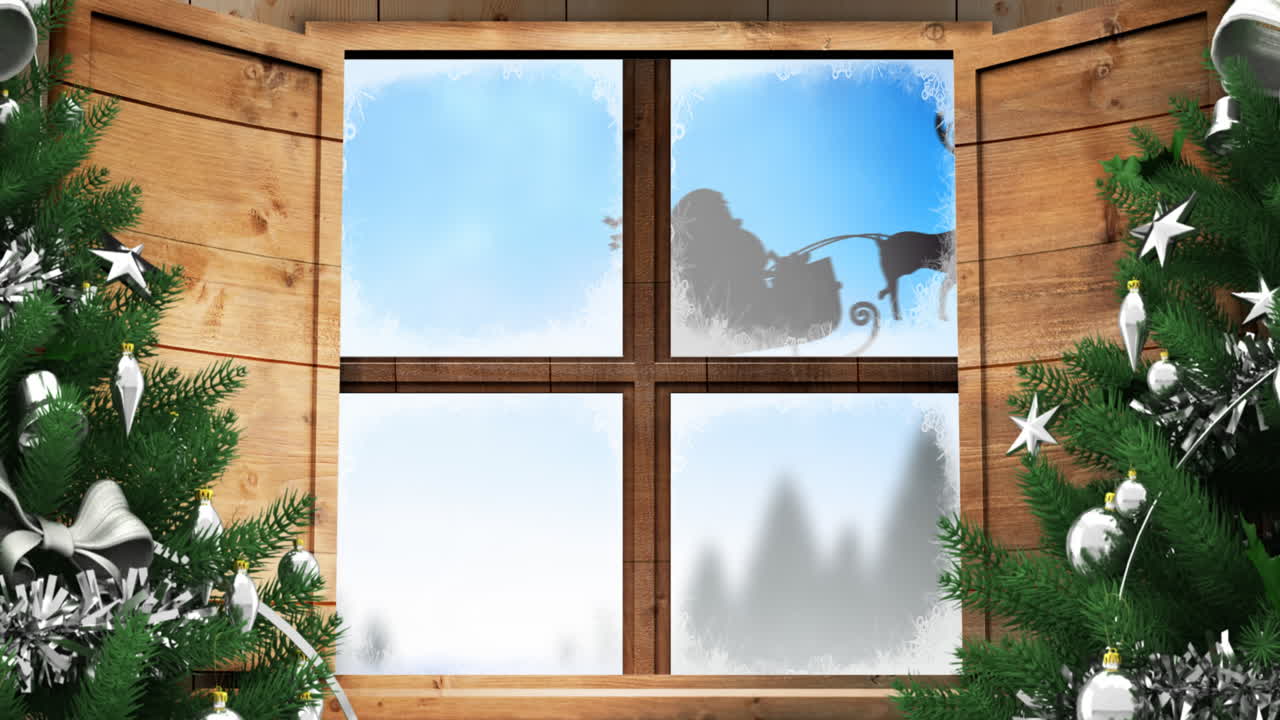 анимация санта-клауса в санях с оленями, виденными через окно и рождественские деревья