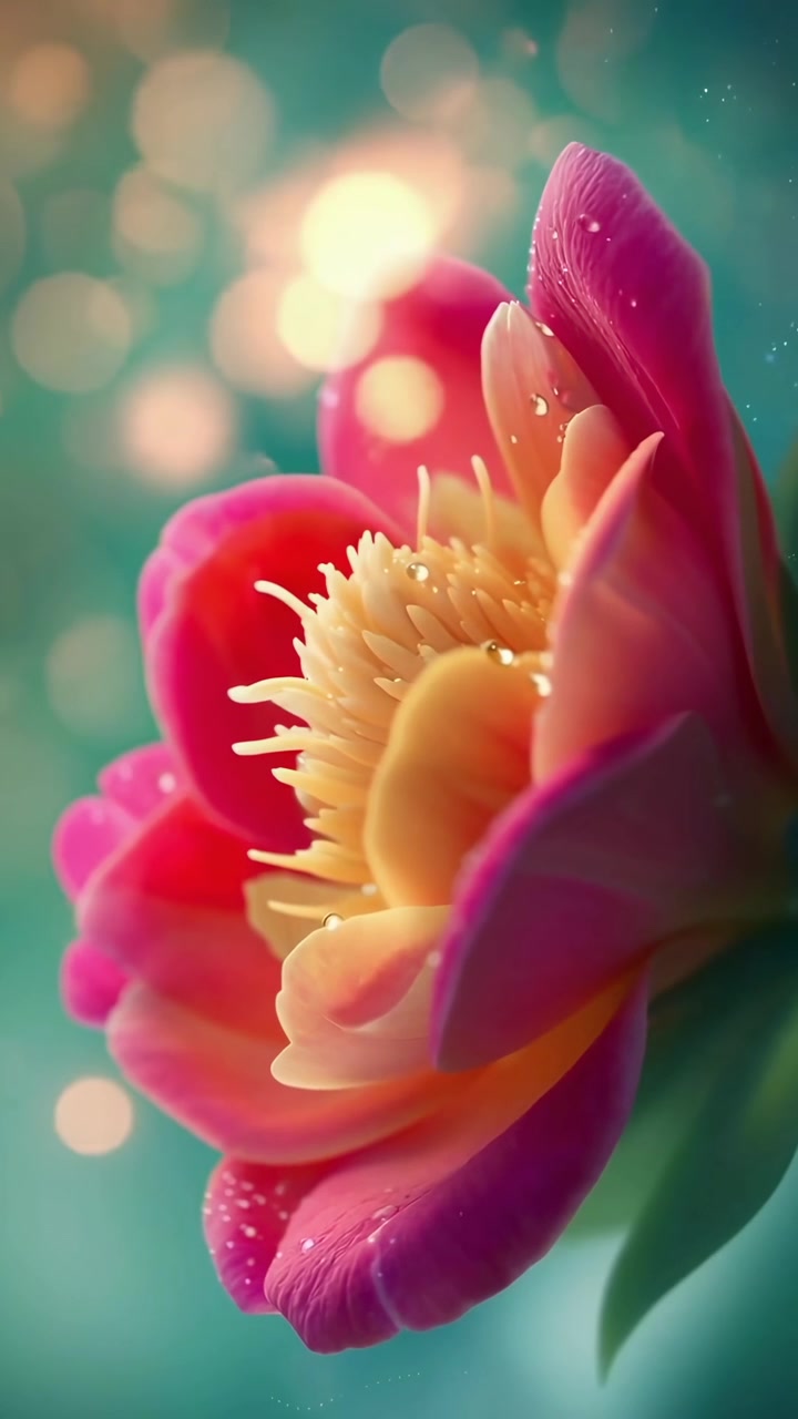 Close-up Bunga Peony Merah Muda dan Kuning Cerah