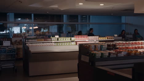 grocery store interior with stocked shelves and customers