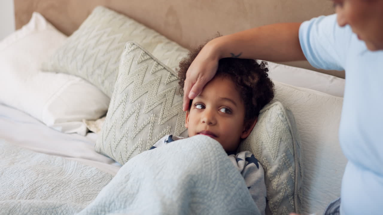 Fever, sick and mother with child in bedroom