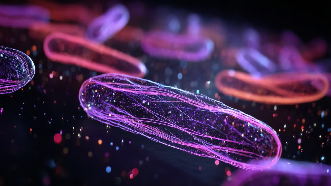 Une visualisation époustouflante de bactéries microscopiques présentant des couleurs éclatantes sur un fond sombre, mettant en évidence leurs structures complexes et leurs mouvements.