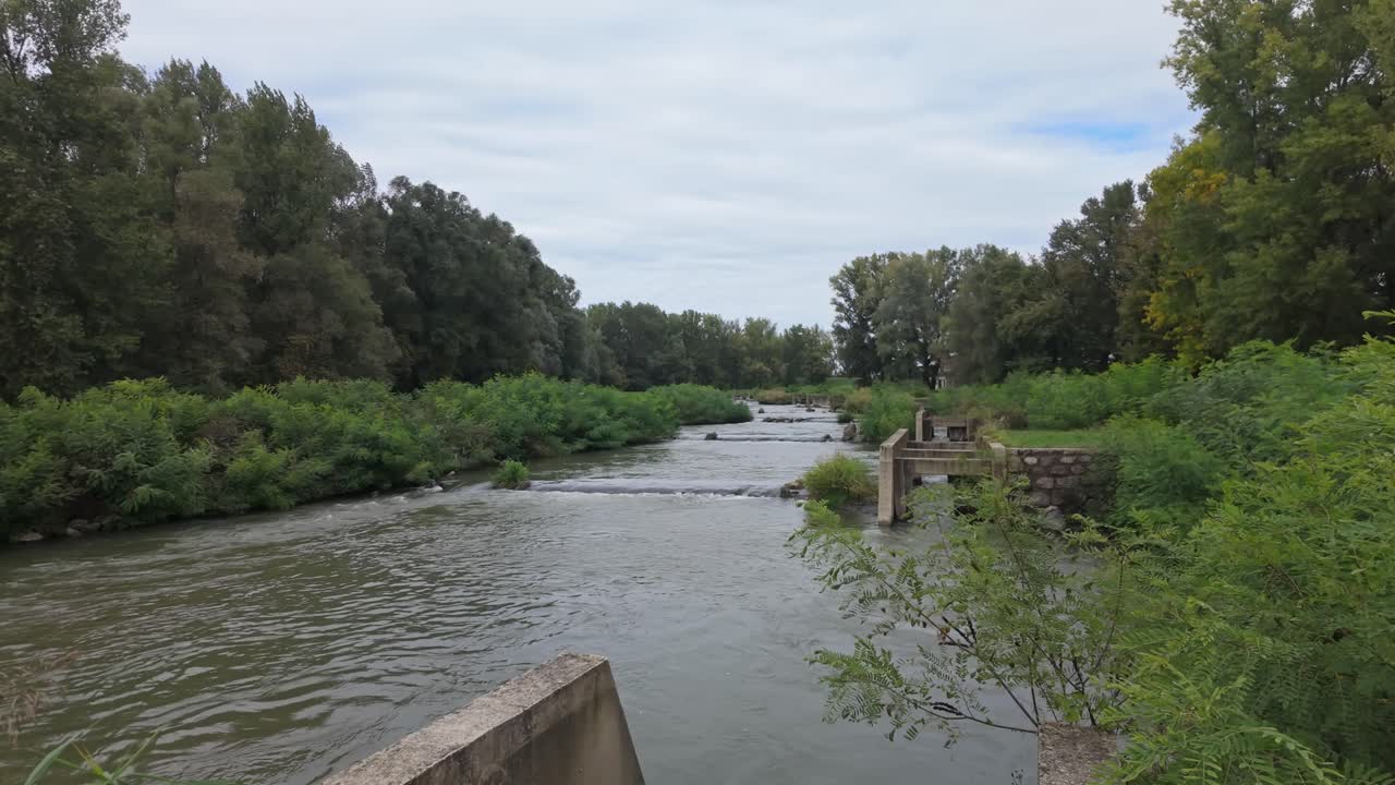 Cascading water stream after the Kisköre fish ladder, surrounded by a lush green forest at Lake Tisza in Hungary