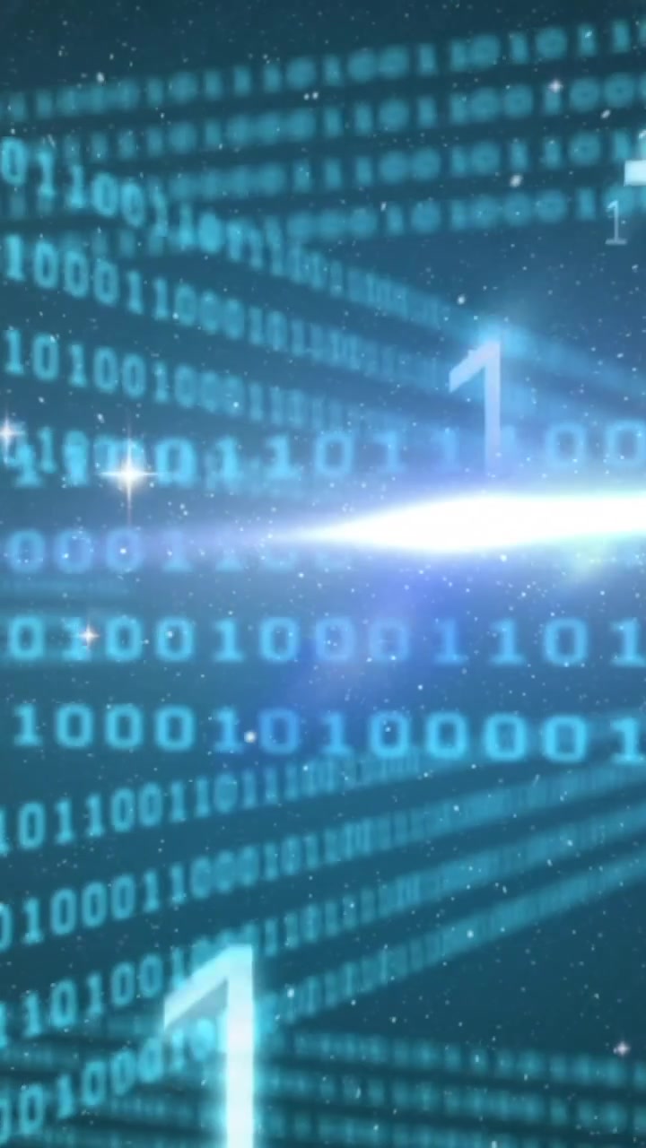 Animazione di elaborazione dati con codice binario e punto luce su sfondo blu