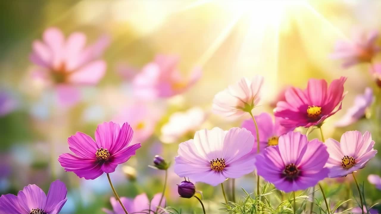 Vídeo vibrante de flores rosas a la luz del sol, capturado desde un ángulo bajo para un efecto de ensueño