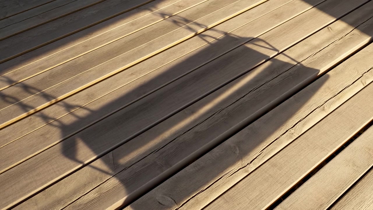 Chronological outdoor sequence showing shadow of metal lantern projected across horizontal wooden deck planks from early to final frames, main shadow sits