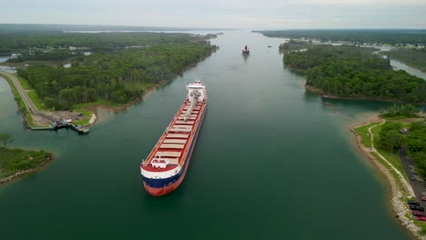 aerial view of cargo ship passing through canal