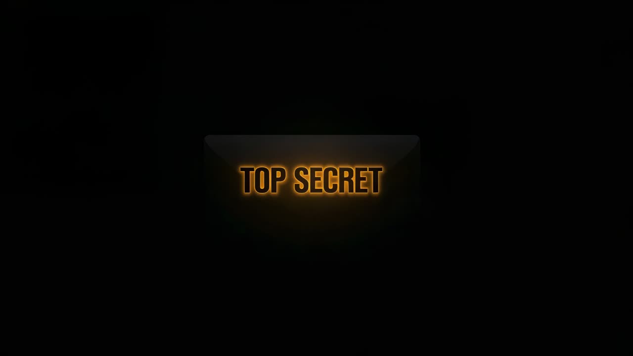 Traccia del bordo con tratto al neon ambrato attorno alla scritta TOP SECRET centrata sul nero per evidenziare