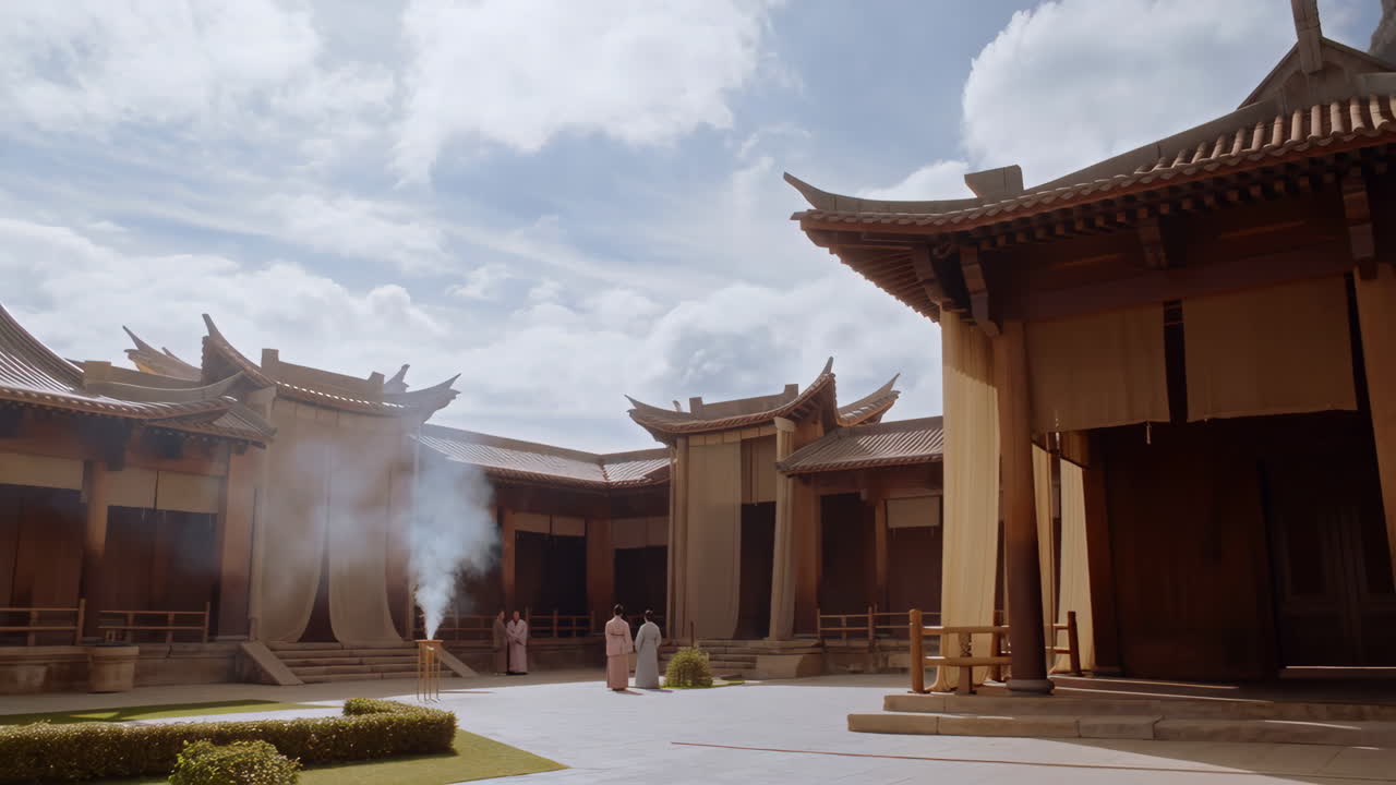 Ancient Chinese Courtyard with Traditional Architecture and People