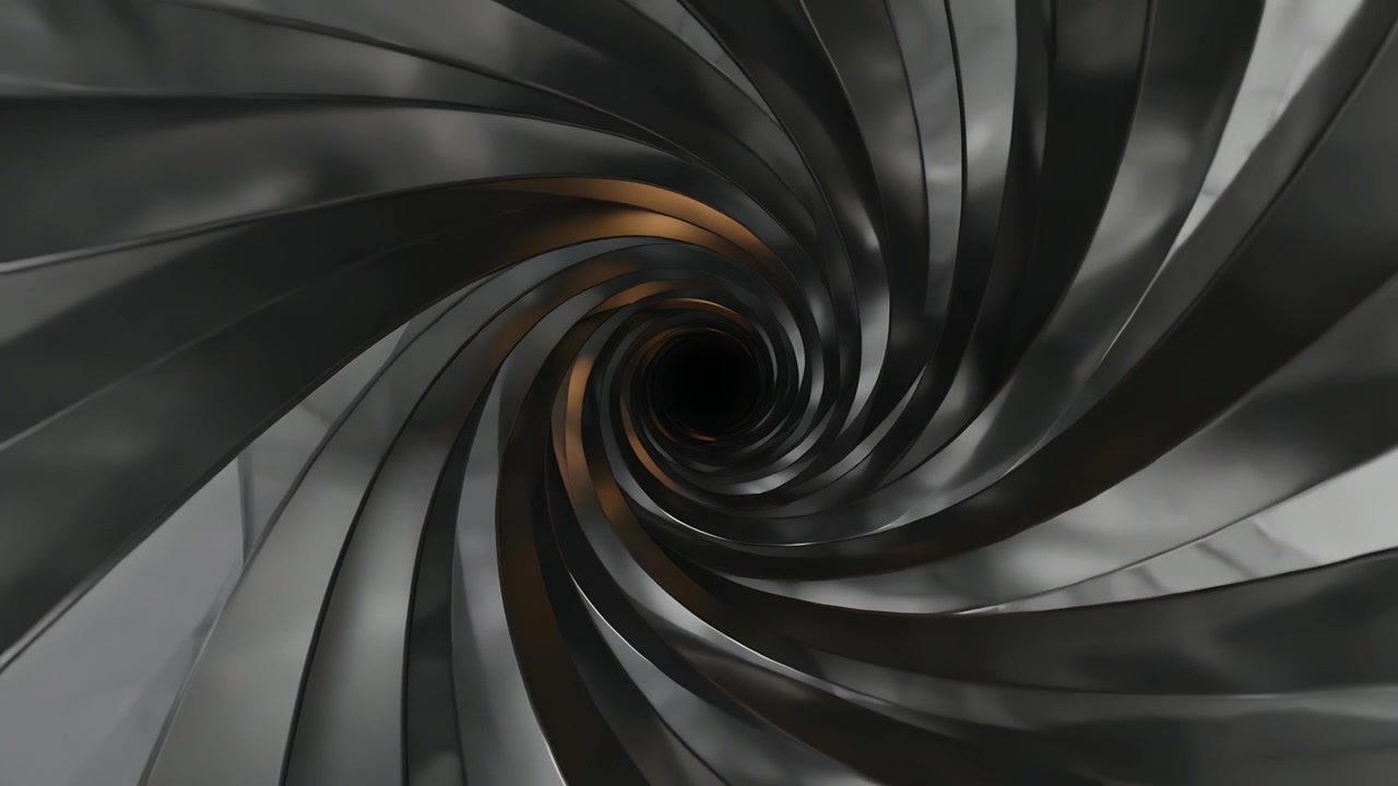 Spiralformede metalvinger begynder at trække indad mod en mørk kerne i et studie, med en bronzeglans der fanger opmærksomheden.