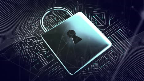 animation of padlock and connections over motherboard network on black background