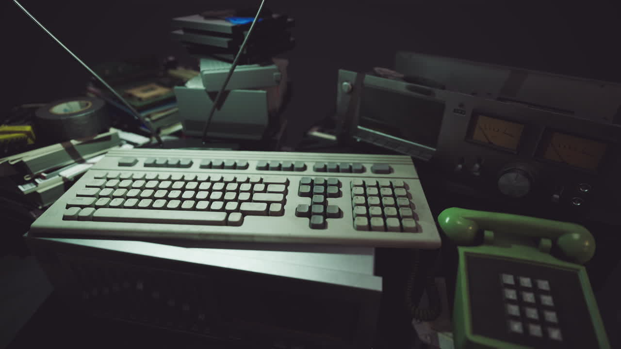 Vintage computer equipment and accessories displayed in a dark setting