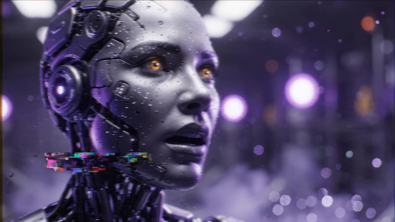 Robot umanoide futuristico con texture metallica ed espressione emotiva in un ambiente cibernetico illuminato da luci brillanti ed effetti di vapore