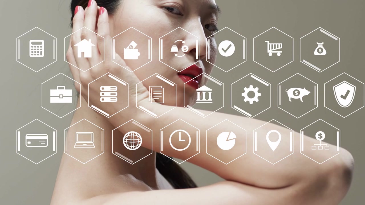 Female model raising right arm, initiating hexagonal UI icons, adjusting hair and showcasing makeup
