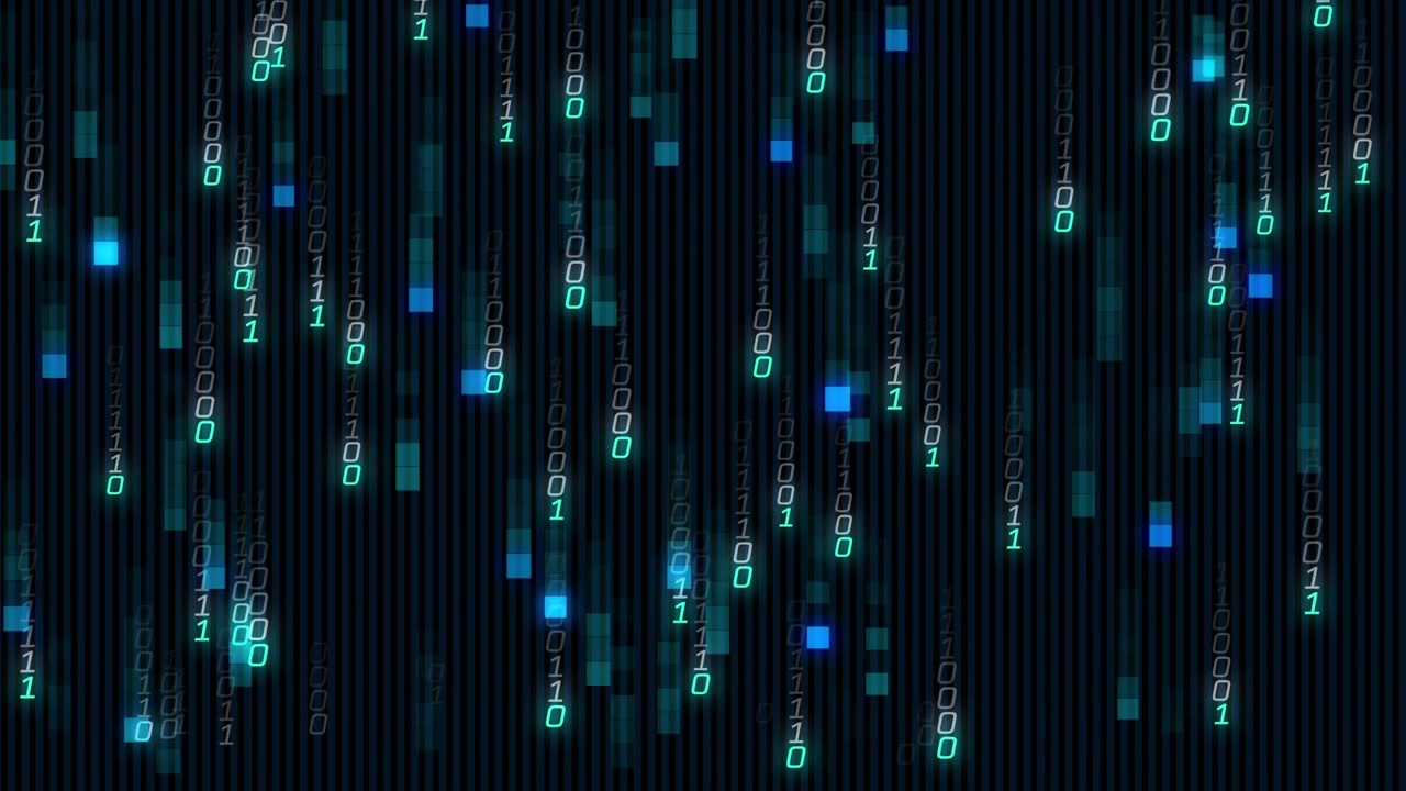 Red particles fading starting binary rain in turquoise green falling showing data flow