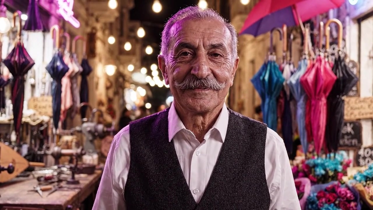 Un anziano signore affascinante in piedi in un vivace mercato, circondato da ombrelli colorati e fiori, illuminato da luci soffuse e decorazioni incantevoli.
