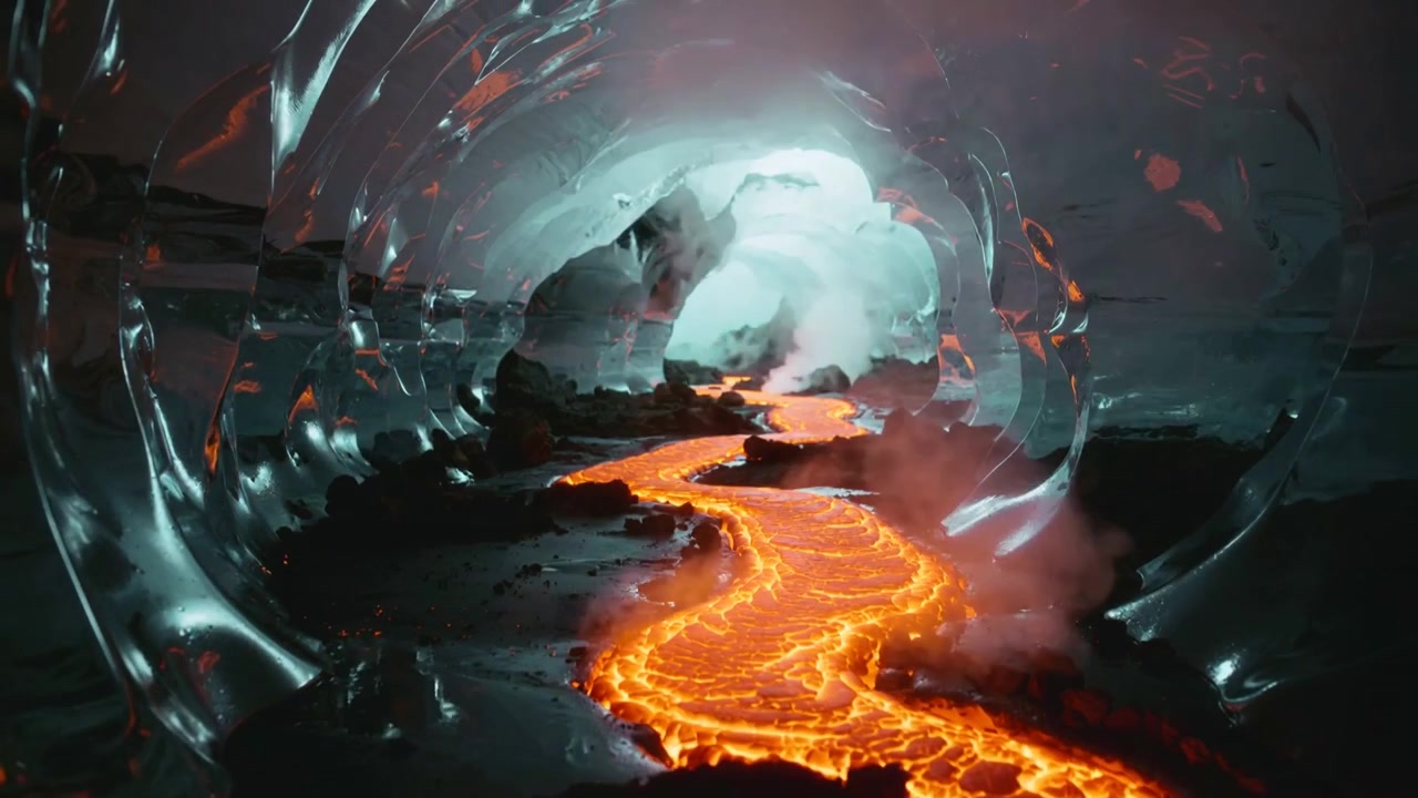 Sungai lava mengalir memercik ke dinding terowongan kaca, mengepul lalu mengalir menuju bukaan