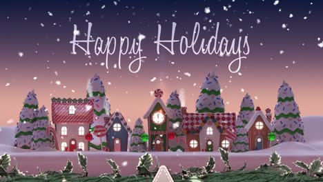 happy holidays text and snow falling over multiple houses on winter landscape