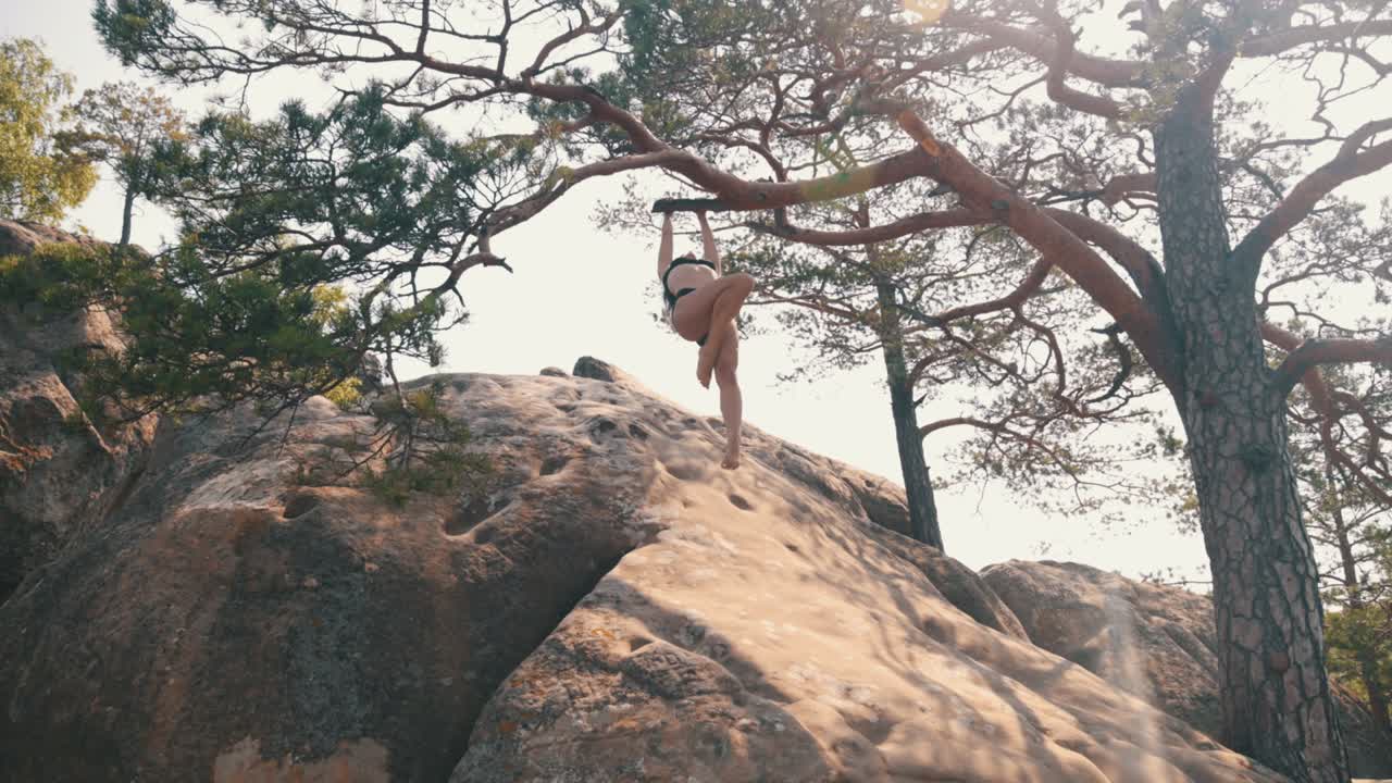 여자가 흔들리고, 그녀의 손으로 나무 가지를 잡고, 바위 풍경에 해가 뜨는 하늘을 바라보고 있습니다.