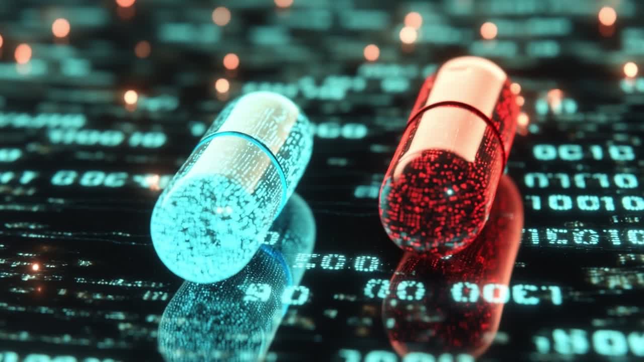 Colorful capsules on digital background. Two capsules in blue and red sit on a dark digital matrix, reflecting light and surrounded by binary code.