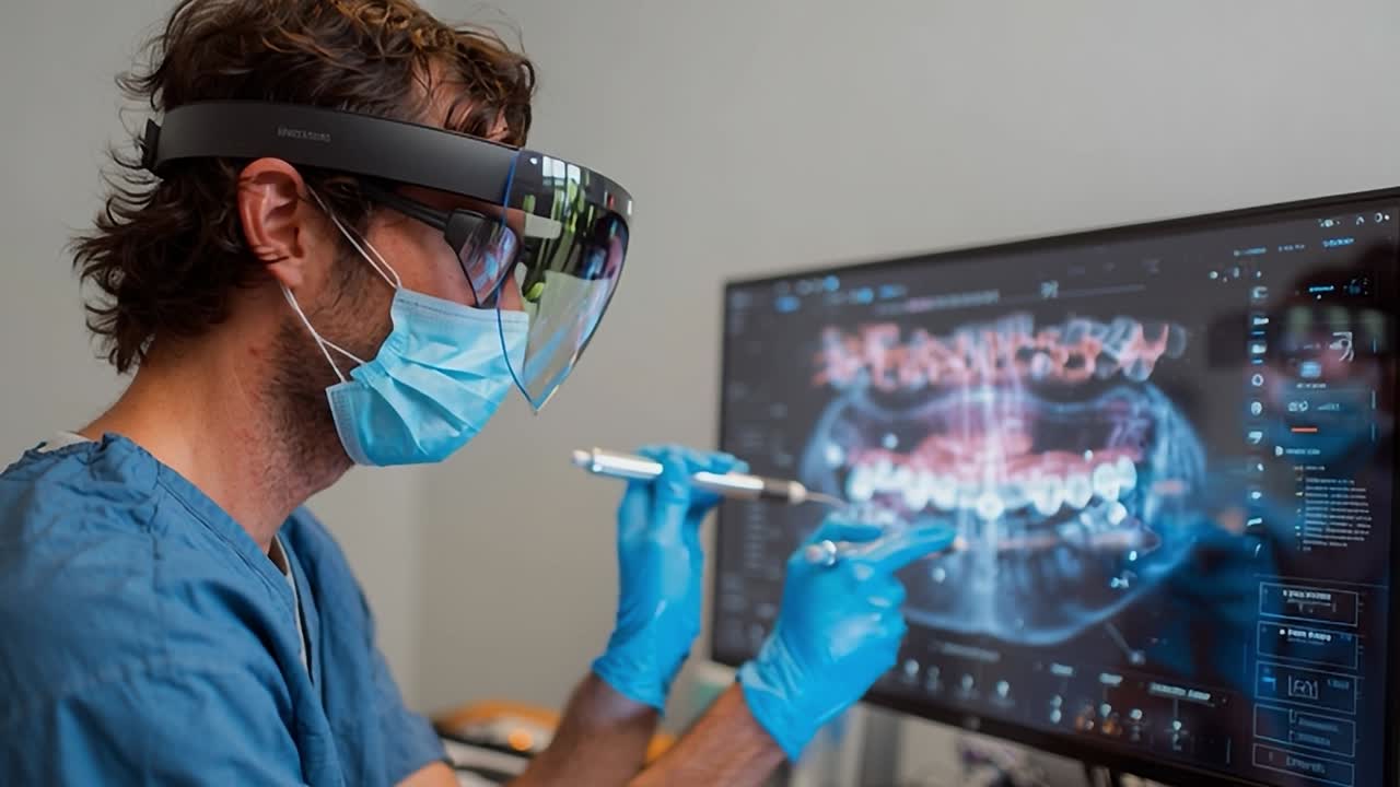 Dentista usando tecnologia avançada para o tratamento do paciente