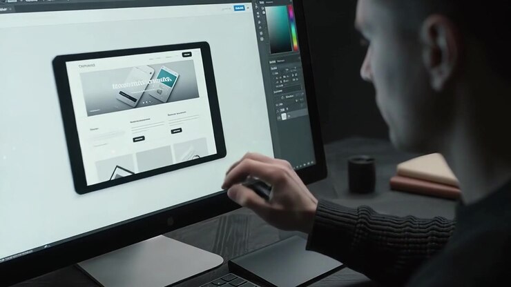 Graphic designer al lavoro sul layout di un sito web al computer
