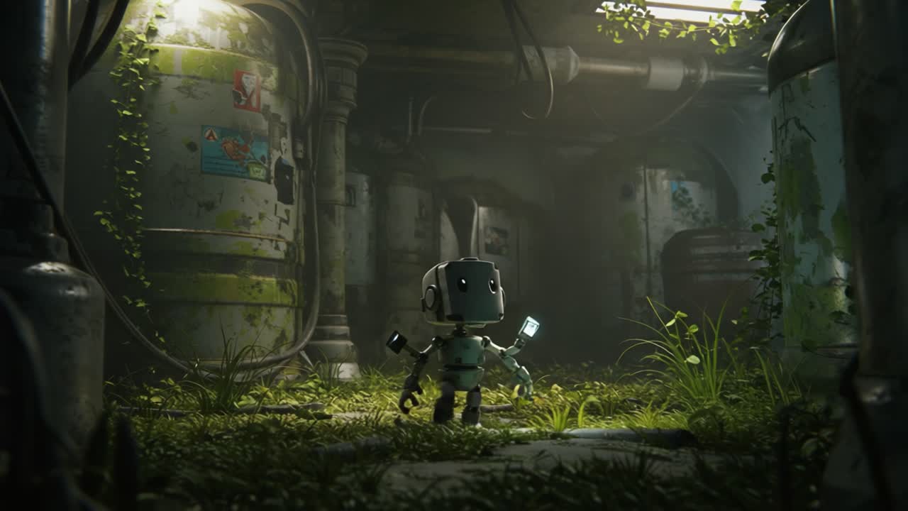 A small robot stands amidst overgrown machinery in a futuristic, abandoned facility, holding glowing objects and surrounded by lush greenery in a serene, illuminated environment