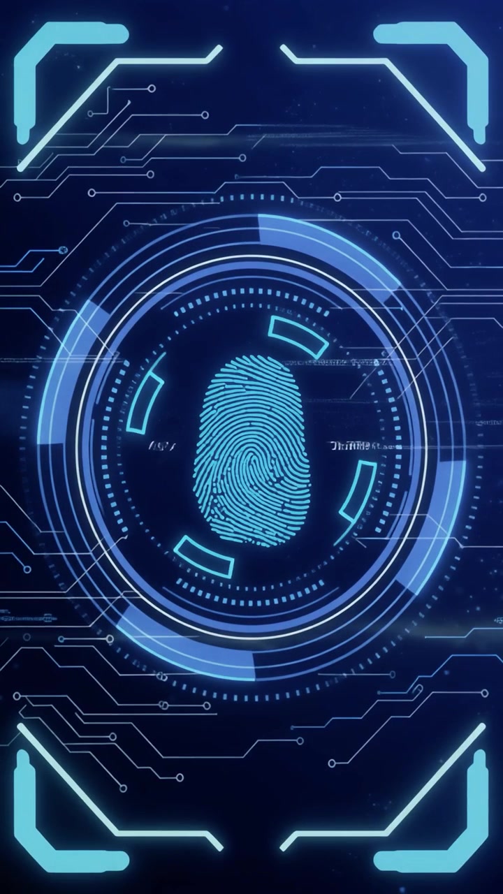 Digital Fingerprint Scanning Interface with Futuristic Circuitry Background