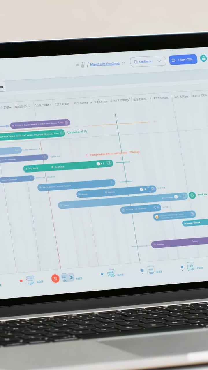 Vertical video: Shifting camera revealing silver laptop showing Gantt bars on light table, keyboard