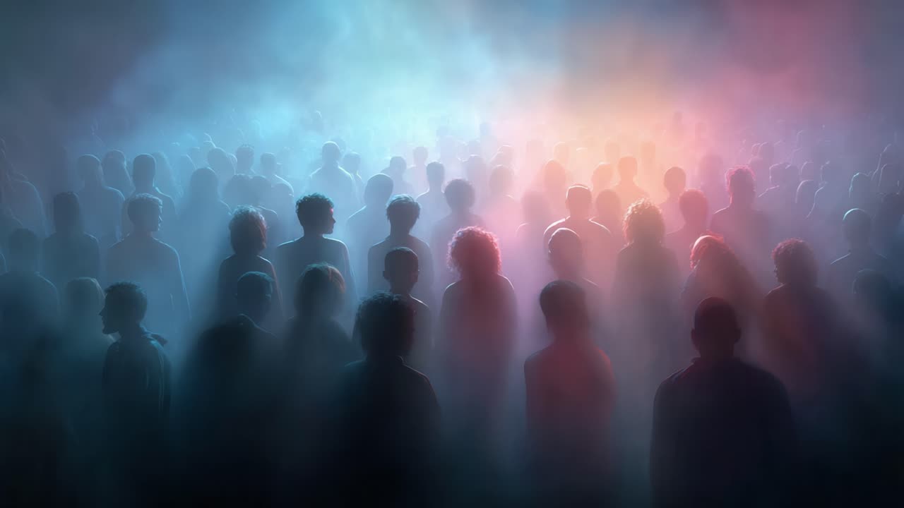 A Dynamic Shift in Light and Shadow: A Gathering of Silhouetted Figures Stands Between Ominous Clouds of Color, Representing Unity and Diversity in an Abstract Atmosphere