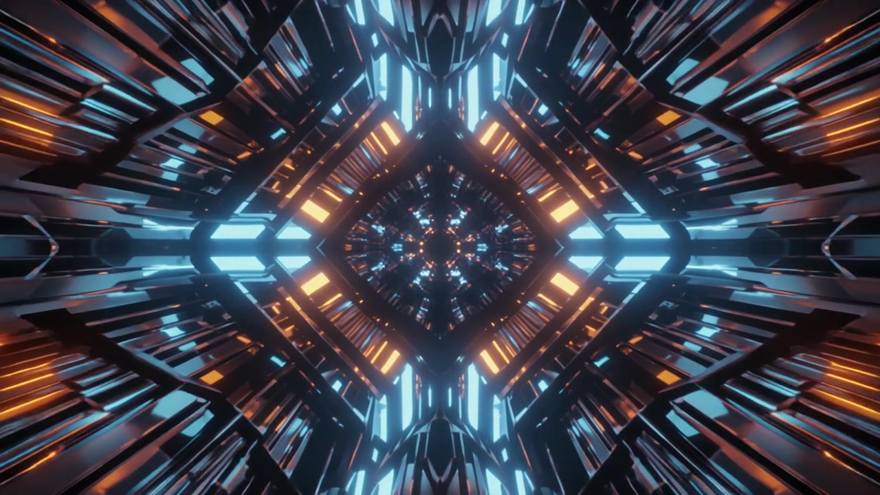 Futuristic Abstract Tunnel with Glowing Blue and Orange Lights