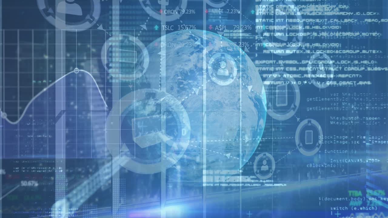 animación de iconos tecnológicos conectados con datos e información en movimiento sobre el giro del globo