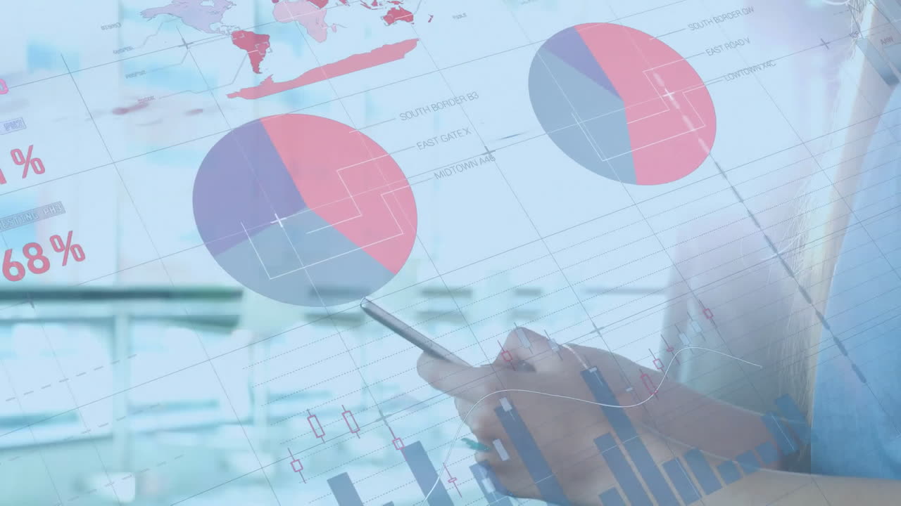 Animation of statistical data processing against caucasian man using a smartphone at office