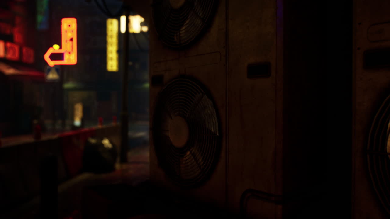 어두운 골목에 있는 녹슬은 분출구의 근접 사진과 배경에 흐릿한 네온 표지판