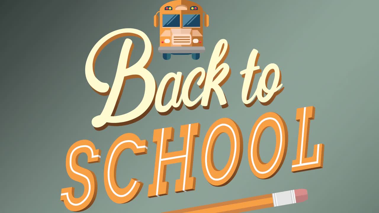 학교 버스와 연필 로고가 회색으로 스크롤되는 학교 텍스트로 돌아가는 애니메이션